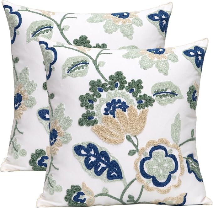 Pack of 2 Embroidered Decorative Throw Pillow Cover 18x18 Inch Farmhouse Floral Pillowcase for Living Room Sofa Bed (Dragon Flower-A)