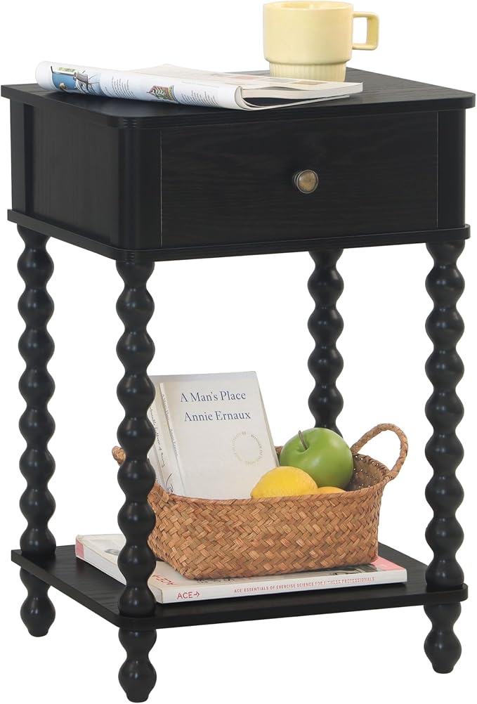 AWASEN Black Nightstand, Bedroom Side Table with Drawer for Living Room, Small Bedside End Table with Spindle Wood Legs for Bedroom, Office, Black