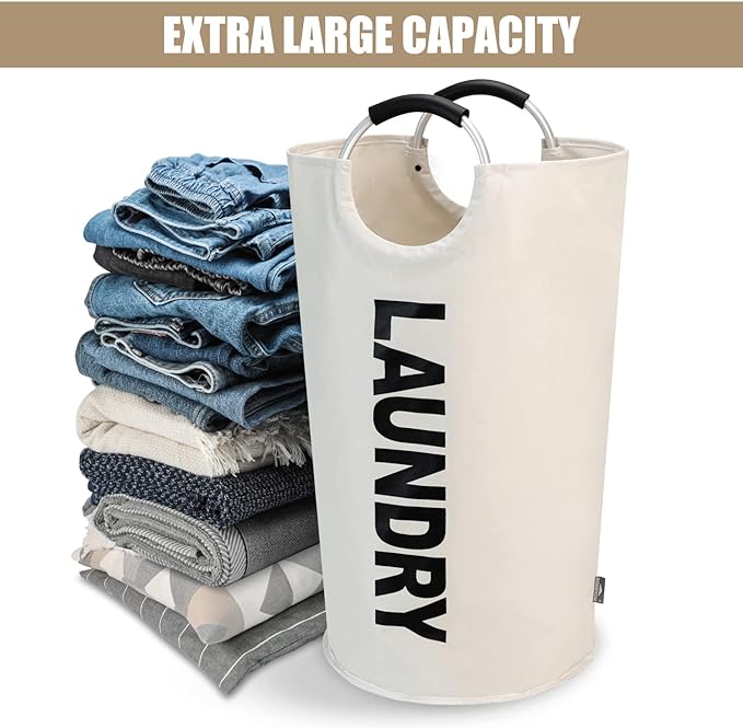 DOKEHOM 90L Large Laundry Basket Bag, Collapsible Tall Hamper, Beige | Freestanding tall washing bin & foldable laundry bag. High-capacity clothes storage basket with durable sturdy handles