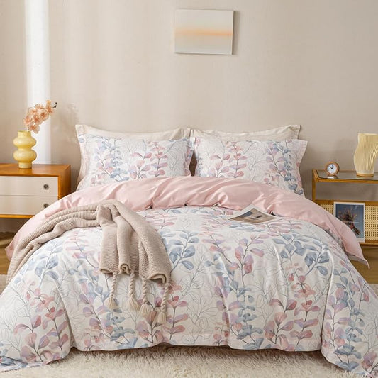 OAITE King Floral Pattern Duvet Cover Set Unique Design 3pcs 100% Cotton | Exquisite Stitched Hem, Breathable,Soft,Dual Zipper,8 Corner Ties,Easy Care for All Season