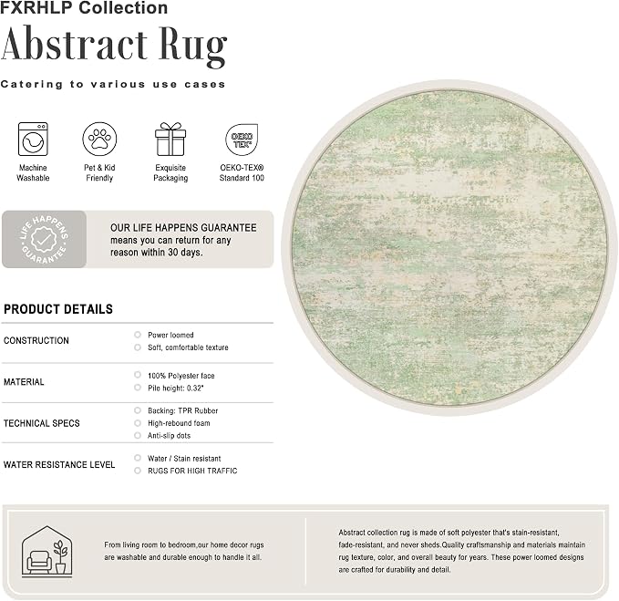 Round Area Rug Living Room: 6 ft Modern Washable Indoor Carpet | For Bedroom Dining Room Farmhouse Nursery Hallway Office,Modern Abstract,Machine washable,Non-Slip,Stain Resistant,Indoor