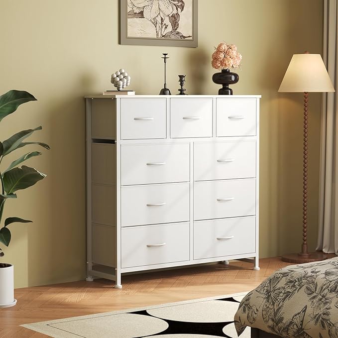 DUMOS 9 Drawer Dresser for Bedroom, Storage Organizer Chest of Drawers | Fabric Bins Storage Tower with Sturdy Metal Frame, Wood Tabletop for Closet, White