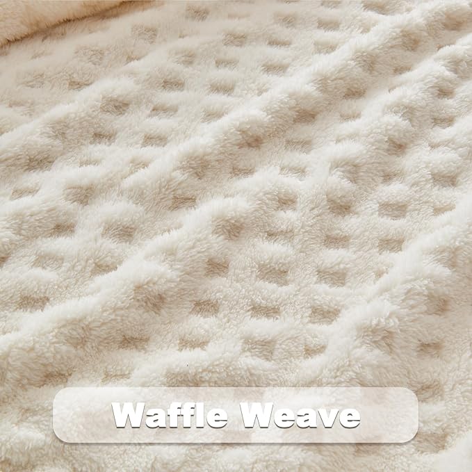 NEWCOSPLAY 3D Waffle Checkered Flannel Twin Blanket, Ivory, 60"x80" | Super Soft Cute Lightweight Decorative Premium Silky Fleece Blanket for Couch Sofa Bed, Gift for Women Men, All Season Use