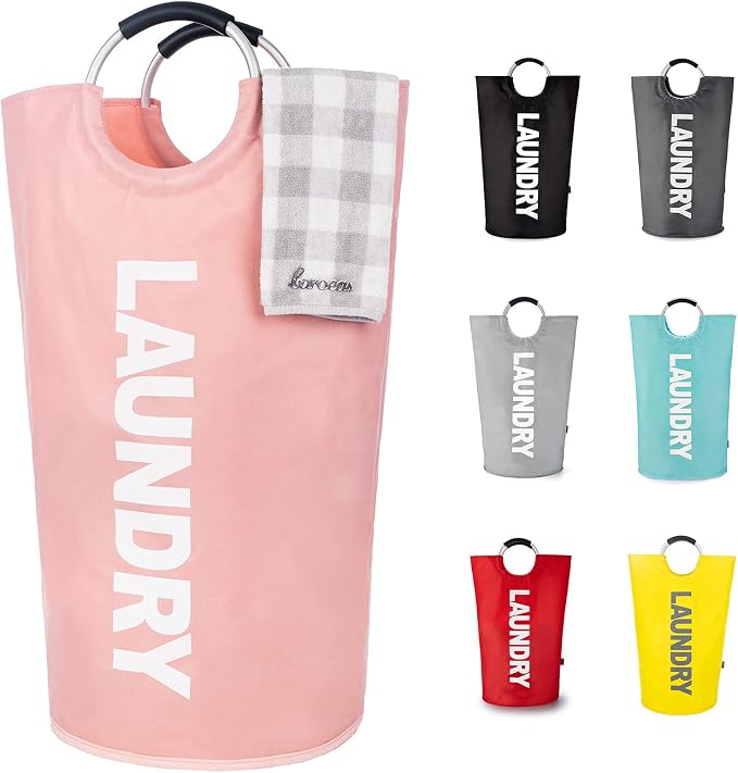 Caroeas 95L Pro Large Laundry Basket (13 Colors), Waterproof Laundry Hamper, Laundry Bag with Padded Handles, Clothes Hamper Stands Up Well, Collapsible Laundry Basket Easy Storage (Pink)