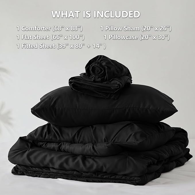 Twin XL Comforter Set Black, 5 Pieces Pintuck Bed in a Bag | College Dorm Essentials, OEKO-TEX 100 Certified, 240GSM All Season, Down-Alternative Comforter, Sheets, Pillowcase & Sham