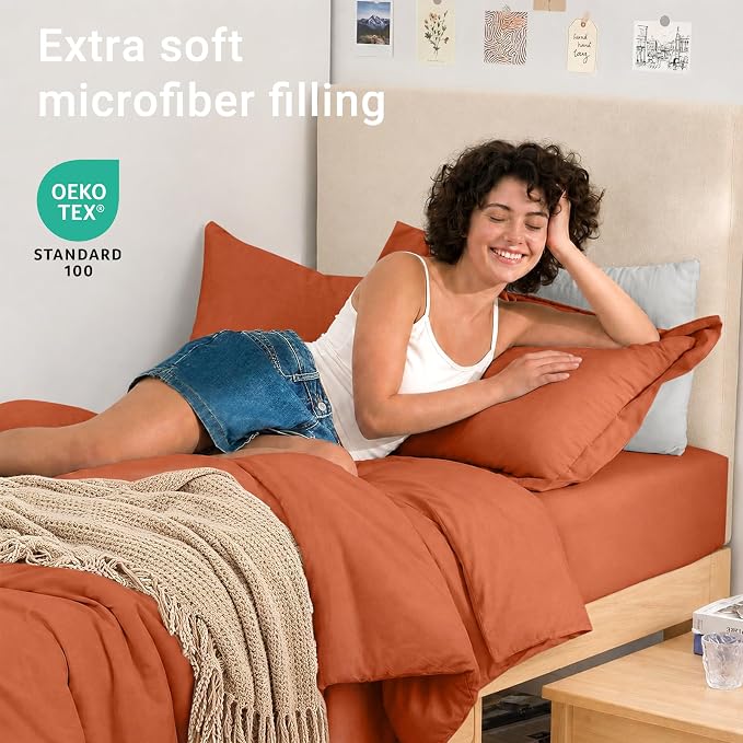 5 Pieces Twin XL Comforter Set, Soft Bed in a Bag Twin XL Size, All Season Bedding Set with Comforter, Flat Sheet, Fitted Sheet, Pillowcases & Shams, Burnt Orange