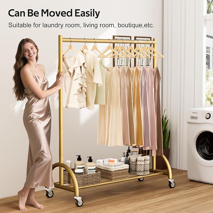 MISSLO Heavy Duty Clothing Rack with Wheels Rolling Clothes Racks for Hanging Clothes, Coats, Garment, Dress, Gold (Pack of 2)