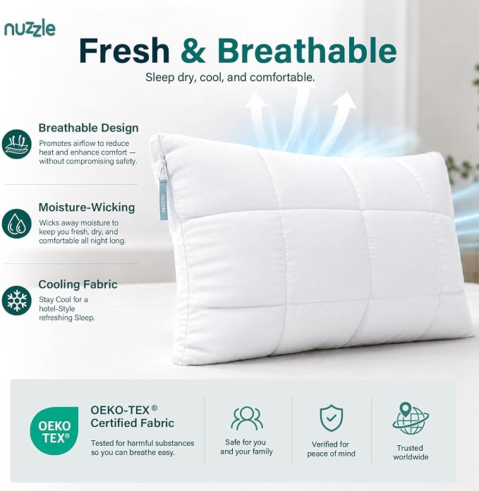 Nuzzle Neck Pillow Adjustable Standard Size Set of 2,Soft Luxury Hotel Feel | Bed Pillows Standard Set of 2 with Adjustable Height & Firm Feel for Side, Back and Stomach Sleepers–Gift for Women & Men