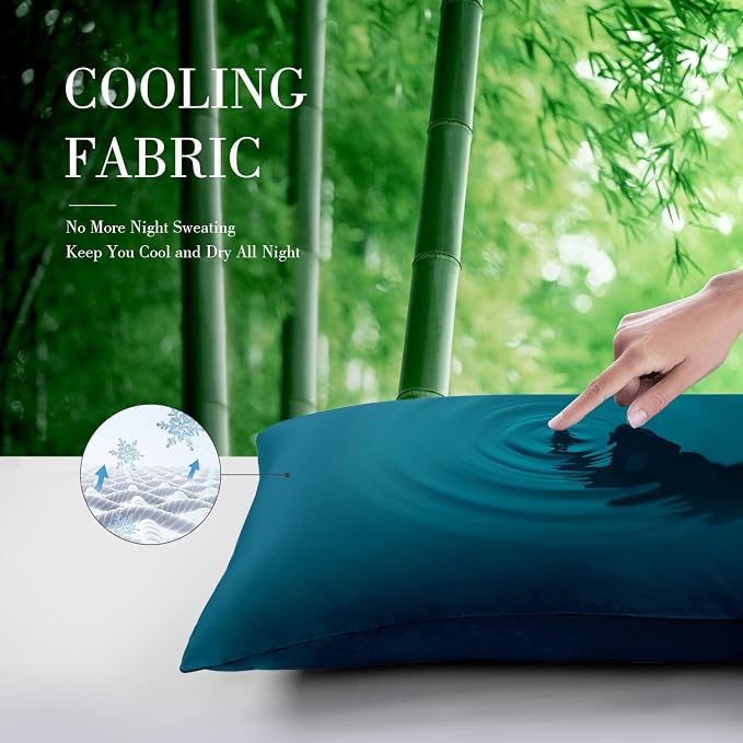 WishSmile Standard Pillow Cases Cooling Pillowcases Set of 2 Breathable Cool Silky Soft Rayon Derived from Bamboo Fabric,Hair and Skin Friendly,Teal,20x26IN