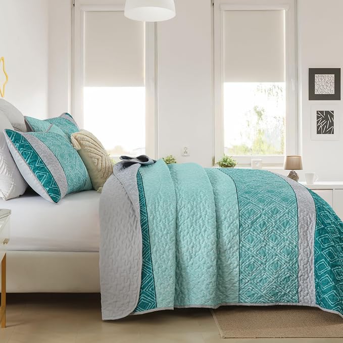 Cottolester Teal Quilt Set King Size,3 Pieces Blue Striped Plaid Bedspread | Soft Summer Lightweight Coverlets Set，Microfiber Patchwork Quilt Bedding Sets for All Seasons 110"x90"