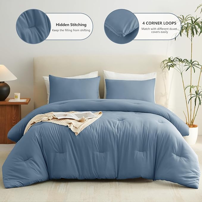 Twin Comforter Set, 2 Pieces Down Alternative Bedding, Grayish Blue | 270 GSM Twin XL College Dorm Comforter with 4 Corner Ties Use as a Duvet Insert, OEKO-TEX Certified, 1 Pillowcase, 68 x 88 in