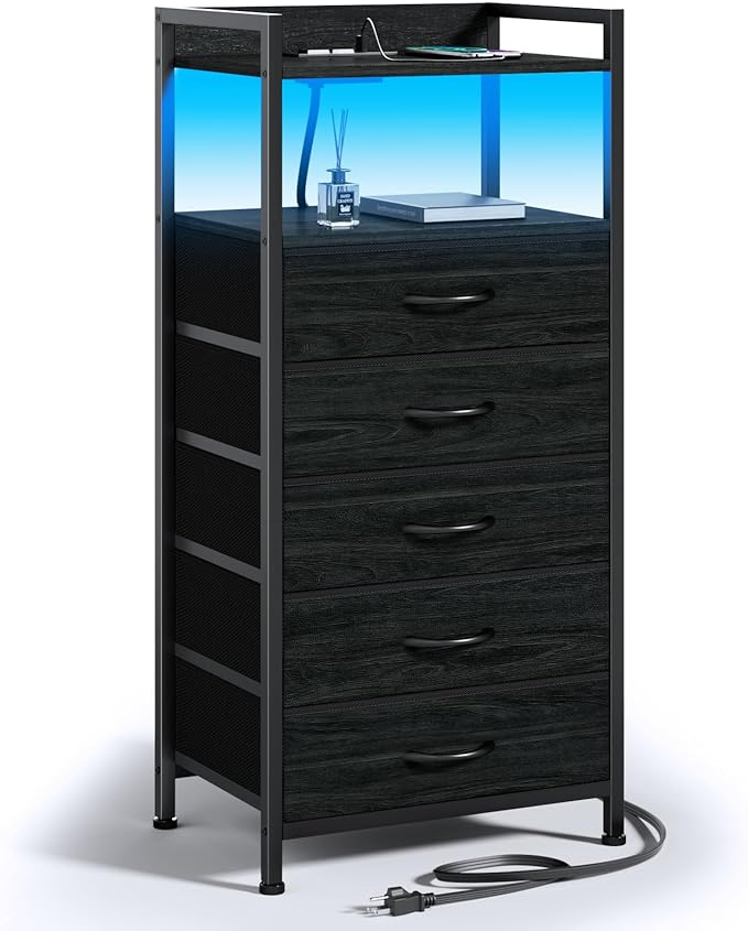 Furnulem Nightstand with Charging Station,LED,5 Drawers Dresser for Bedroom | Tall Bedside Table,Dorm Night stand with LED Light & Remote Control, Metal Frame and Fabric Bins,Wood Desk Top,Easy Assemble
