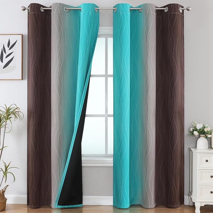 Brown and Teal Ombre Blackout Curtains for Bedroom 84 Inch | Light Blocking Gradient Curtains for Living Room,Thermal Insulated,Room Darkening Grommet Window Drapes,42Wx84L,2 Panels Set