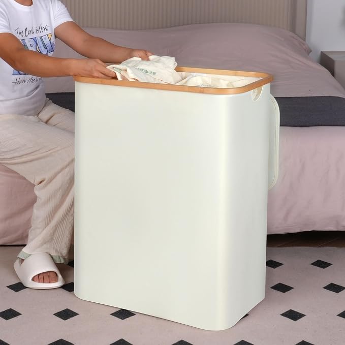 efluky Laundry Hamper with Lid, 160L Tall Laundry Basket with Bamboo Handles for Clothes and Toys, Collapsible Laundry Hamper with 2 Inner Bags for Bedroom and Bathroom, Beige