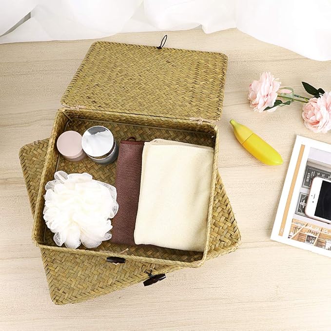 Hipiwe 2 Packs Flat Wicker Basket Box with Lid Woven Seagrass Storage Bins | Handwoven Basket Boxes for Shelf Organizing, Home Decorative Bins Box for Home Decor, Natural Color