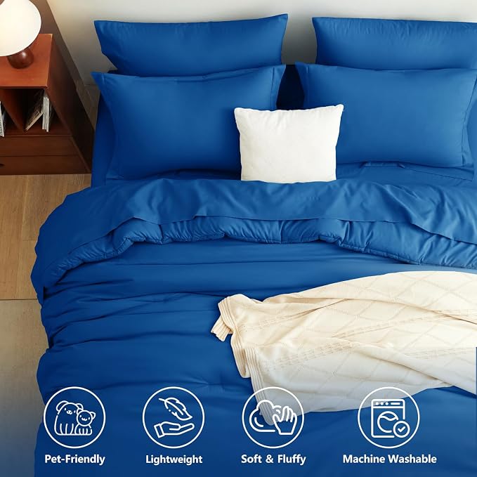 King Size Comforter Set Classic Blue, 7 Pieces Bed in a Bag | OEKO-TEX Certified, All-Season, Bedroom, 240GSM Down Alternative Comforter, Flat & Fitted Sheets, 2 Pillowcases & 2 Shams