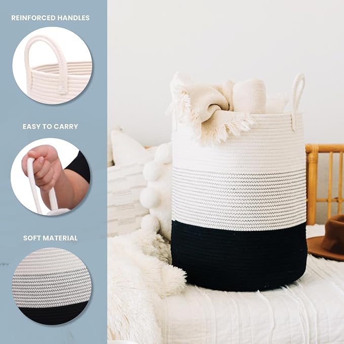 OrganiHaus Tall Cotton Rope Laundry Basket & Hamper, Blanket Storage 52L | 3-Toned Black - Tall Cotton Rope Hamper, 52L
