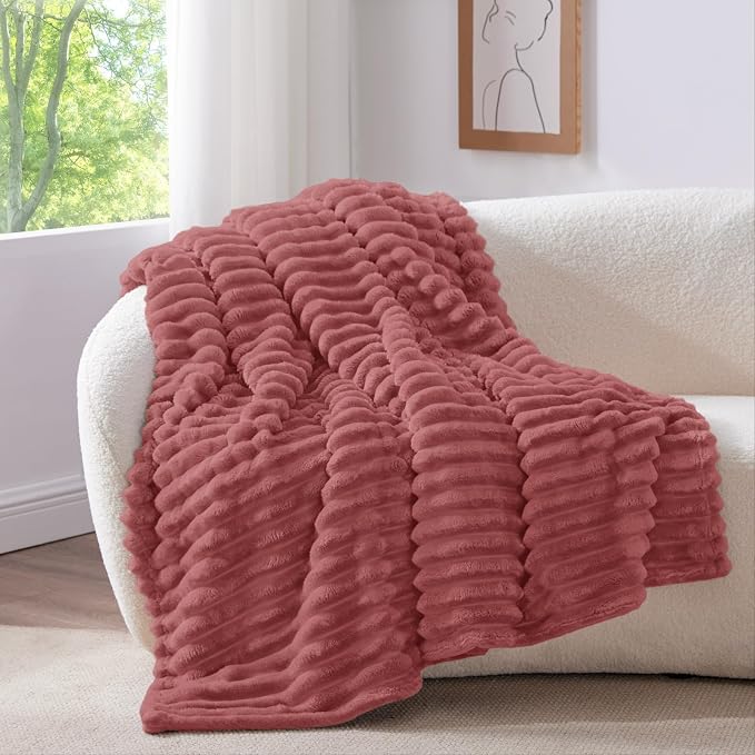 BEDELITE Striped Fleece Throw Blanket, Brick Dust, 50"x60" | 300GSM Microfiber Fleece, Soft Cozy, Lightweight Warm, Double-Sided Plush, Machine Washable, Gift, Room Decor, for Couch Sofa