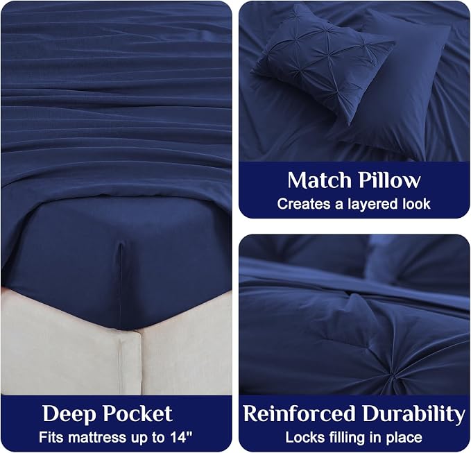 JOLLYVOGUE King Size Comforter Set 7 Pieces - Bed in a Bag King for All Season, Pintuck Bedding Comforter Sets with Comforter, Flat Sheet, Fitted Sheet and Pillowcases & Shams, Navy