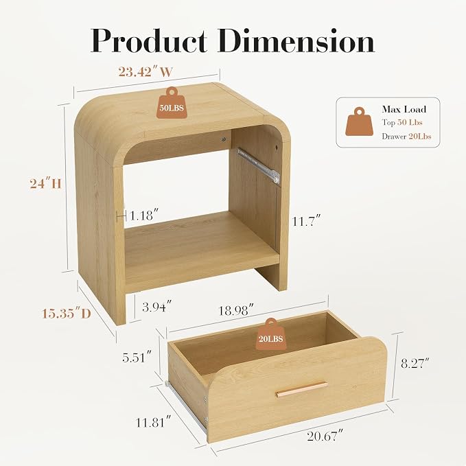 Night Stand Set of 2 [Unique Curved Profile] [FSC-Certified Wooden Board] 1-Drawer and 1 Storage Shelf Nightstand 24" H Metal Handle Modern Bedside Table Side Table End Table for Bedroom | [Curved Profile] [FSC-Certified Wooden Board] Nightstand 24" H ...