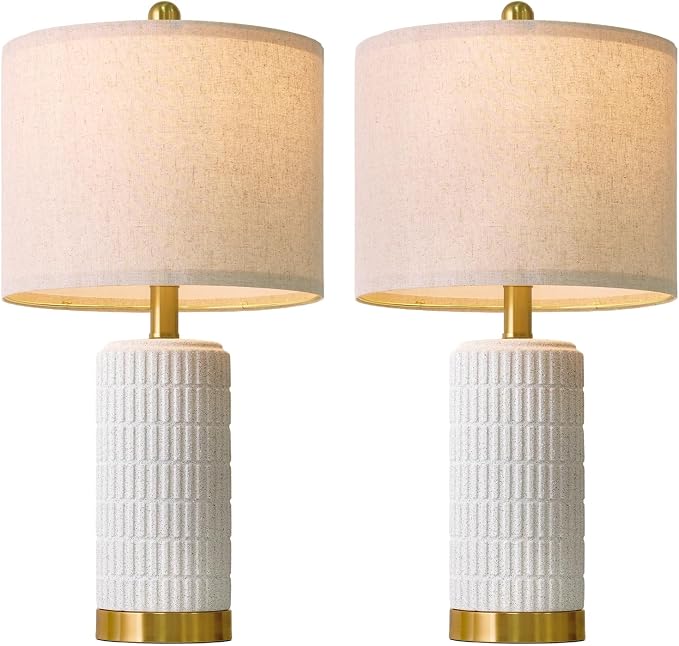 PoKat 21.5'' Stone-Like Bedside Table Lamps Set of 2 for Bedroom with 2 USB A+C, Modern Lamps for Living Room, Ceramic Nightstand Desk Lamps with Charging Ports Office Dorm Sideboard (Frosted White)