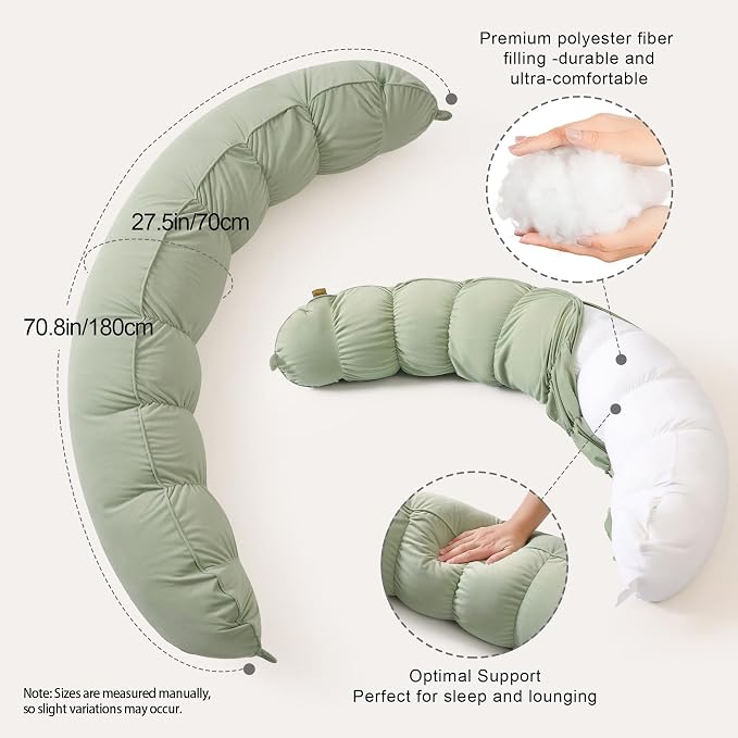Peallow(Pat. Pend) – Long Round Body Pillow for Adults, Bolster Pillow for Sleeping, Soft and Supportive Pillow for Sleeping & Lumbar Support (Celadon Green,59")