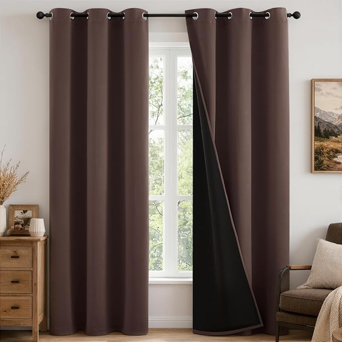 MIULEE Dark Brown 100% Blackout Curtains for Bedroom 90 Inch Long 2 Panels | 2 Thick Layers Thermal Insulated Window Curtains with Black Liner, Noise Reducing Grommet, Drapes for Living Room