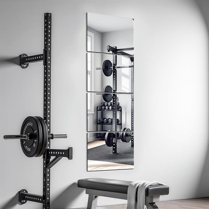 Frameless Mirror Tiles 12"x10"x4 Pcs Wall Mounted | Shatter Resistant, Full Length, Tempered Glass Panels, For Home Gym Bathroom Bedroom & Living Room Decor
