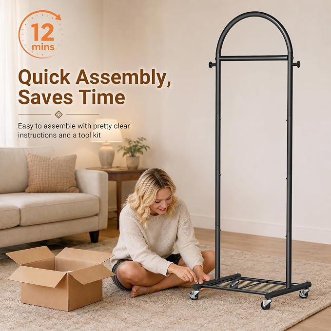 MISSLO 18" Small Clothes Racks for Hanging Clothes Arched Shape Black Clothing Rack with Wheels 70" Metal Rolling Garment Rack with Shelves for Small Space, Bedroom, Laundry, Black