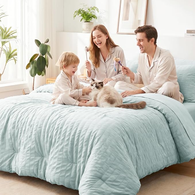 King Size Comforter Set, 7 Pieces Ice Blue Seersucker Bed in a Bag | OEKO-TEX Certified, All Season Bedding Set with 240 GSM Down Alternative Comforter, Flat & Fitted Sheets, Pillowcases & Shams