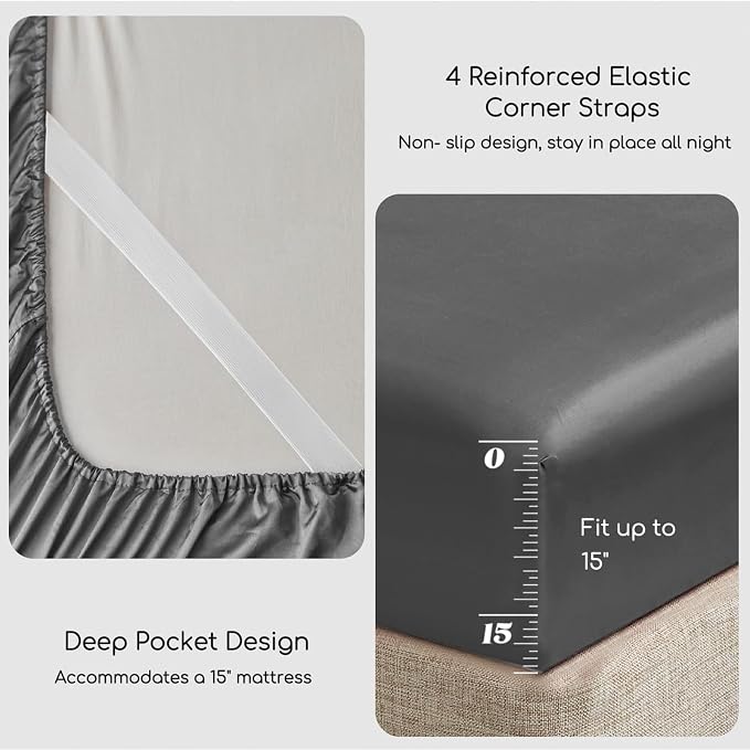 MR&HM Satin Sheets Twin XL Size with Elastic Corner Straps, Dark Grey | Similar to Silk, 3-Piece Silky Soft Bed Sheet Set, Gentle on Skin and Hair, 15" Deep Pocket, Cooling & Breathable