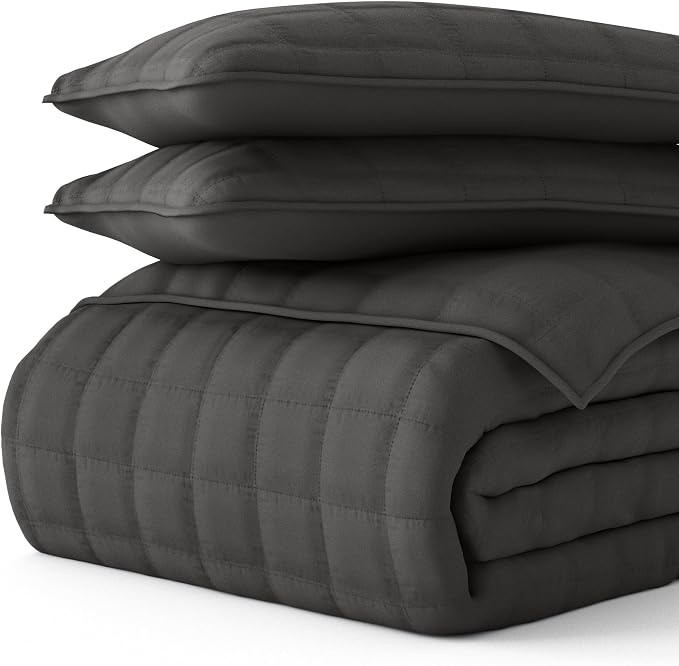 Merit Linens Classic Quilt Coverlet Soft Set in Square Stitching - King/Cal-King Gray