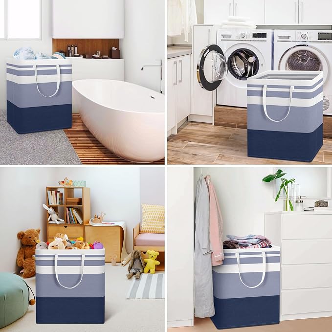 HomeHacks 2 Pack Large Laundry Baskets, Laundry Hampers Bags (Blue 100Lx2) | Waterproof, Freestanding, Collapsible Clothes Hamper with Reinforced Handles in Laundry Room, Dorm, Bathroom, Bedroom