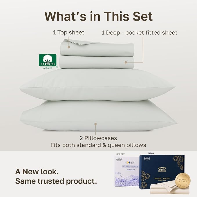 California Design Den 1000 Thread Count Cotton Queen Sheet Set 4pc, Silver | Backed by Good Housekeeping Seal - 100% Cotton Sateen - Soft, Thick & Heavy, 16" Deep Pocket, All-Around Elastic, Durable