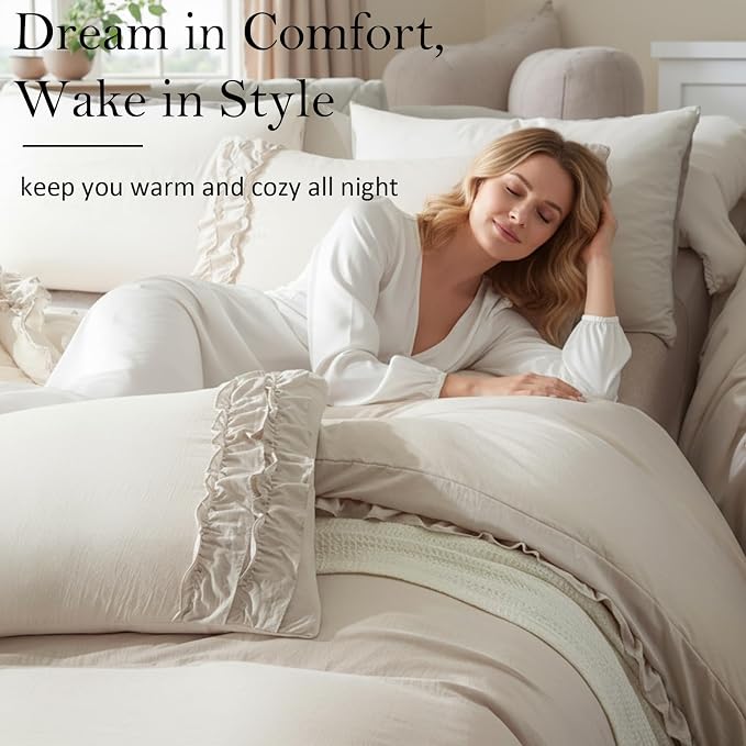 Bedorm Beige Duvet Cover Queen Shabby Chic Bedding Soft Breathable Washed Microfiber Ruffle Duvet Cover Coquette Cute Comforter Cover Girls Women