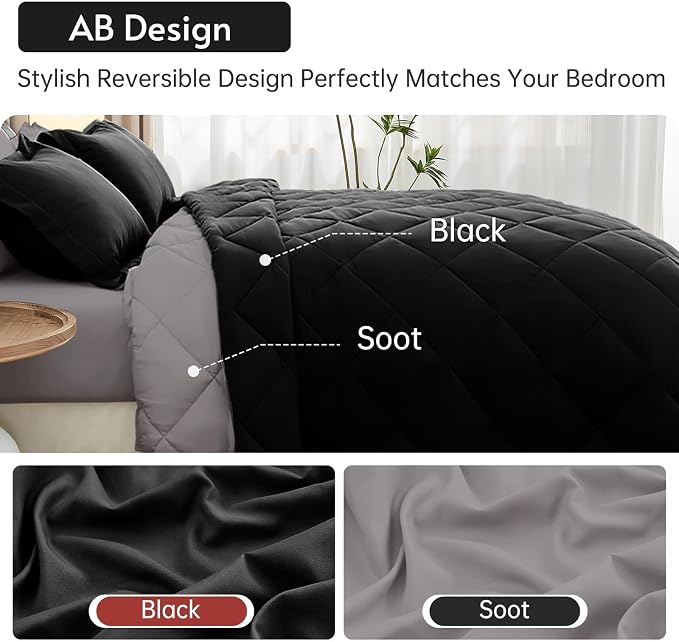 7 Pieces King Comforter Set, Reversible Bed in a Bag King Size, All Season Bedding Set with Comforter, Flat Sheet, Fitted Sheet, Pillowcases & Shams, Black & Soot