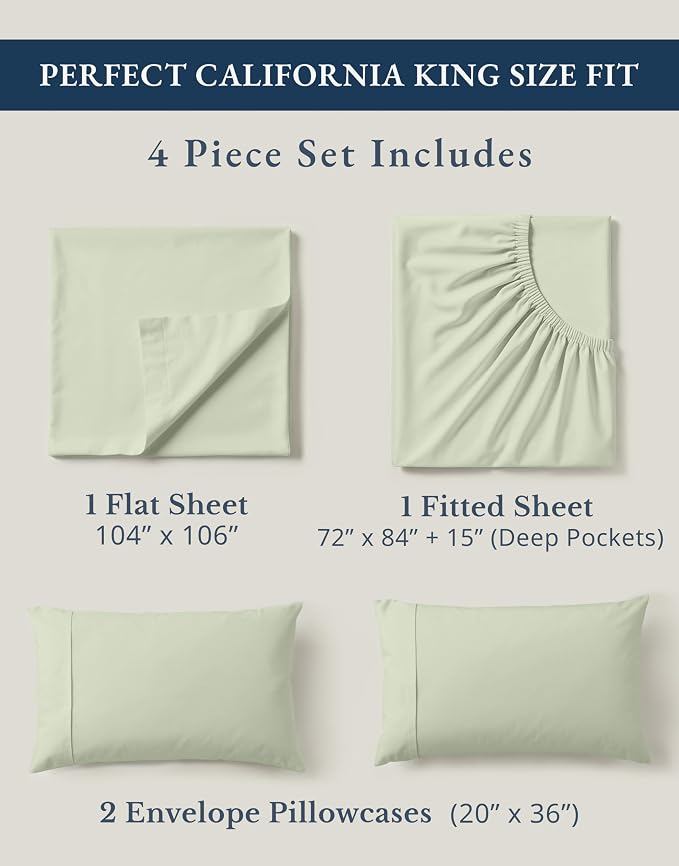 LANE LINEN California King Sheets 100% Organic Cotton Percale 4pc - Mineral | Cal King Sheet Set, GOTS Certified Organic Cotton Percale - Crisp Hotel-Style Feel, Soft From The First Wash