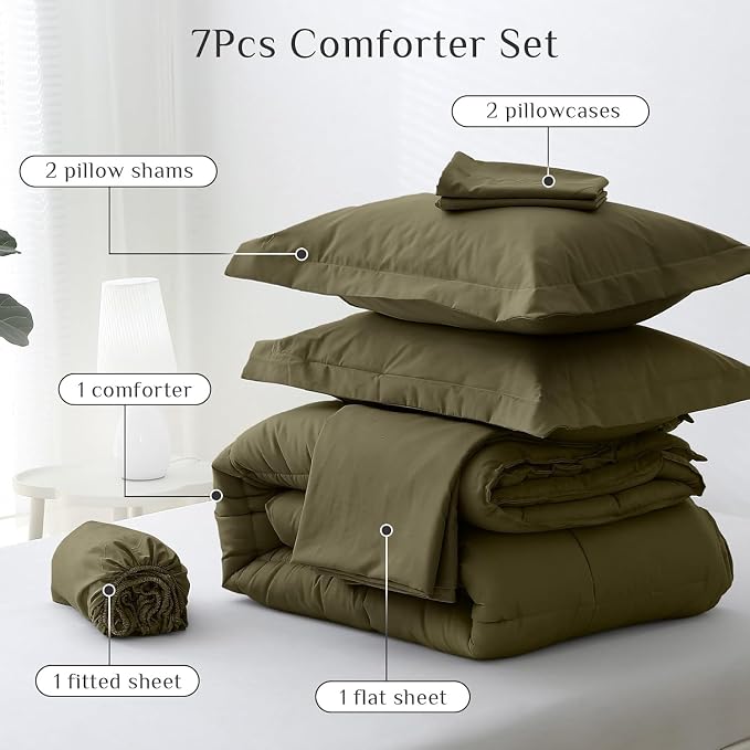 JOLLYVOGUE Queen Comforter Set, Ultra-Soft Bed in a Bag Queen Size 7 Pieces, Oeko-TEX Certified Bedding Set with Down Alternative Comforter, Sheets, Pillowcases & Shams, Olive Green