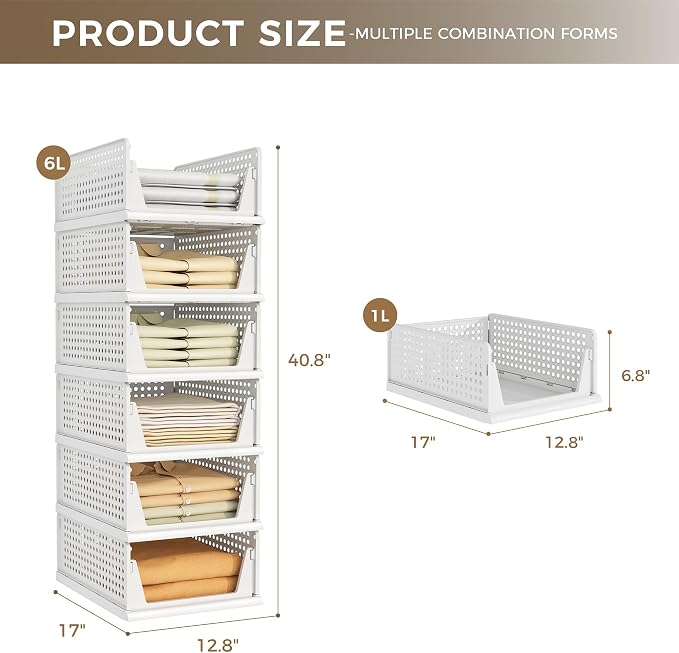 6 Pack Closet Organizer Storage Bins Stackable Plastic Drawer Shelf | Basket for Clothing Stackable Storage Bins Shelf Storage Container for Closet Wardrobe Bedroom Bathroom Office White Foldable