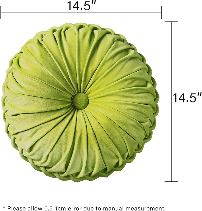 HIG Set of 2 Apple Green Velvet Decorative Round Pleated Throw Pillows | Vintage Floor Pillows, Classy Accent Pumpkin with Center Button, for Sofa Couch Vanity Chair Bed, 14.5" Diameter