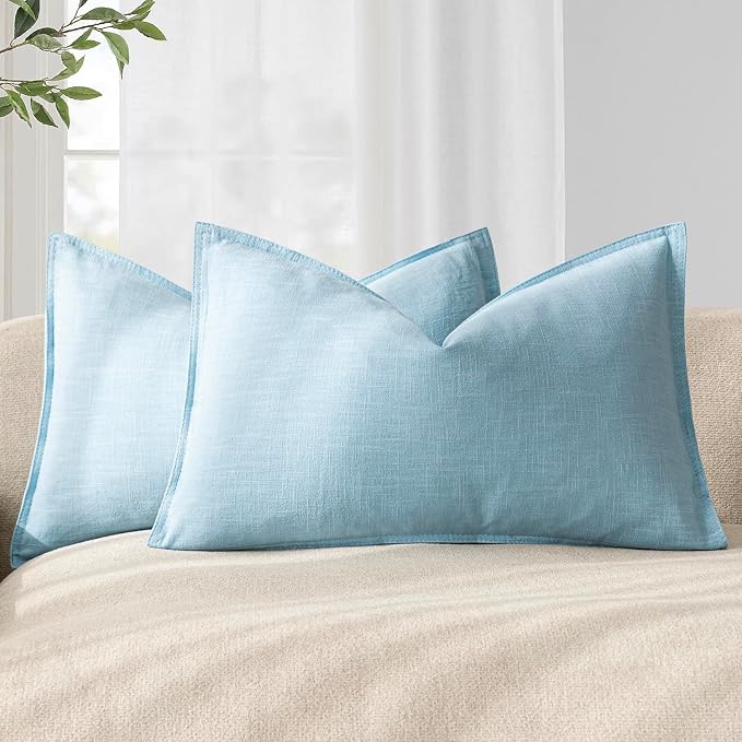 Foindtower Decorative Linen Lumbar Throw Pillow Covers 12x20 Light Blue | Pack of 2 Boho Farmhouse Pillowcase,Accent Neutral Solid Cushion Covers,Morden Home Decor for Couch Sofa Bedroom Living Room