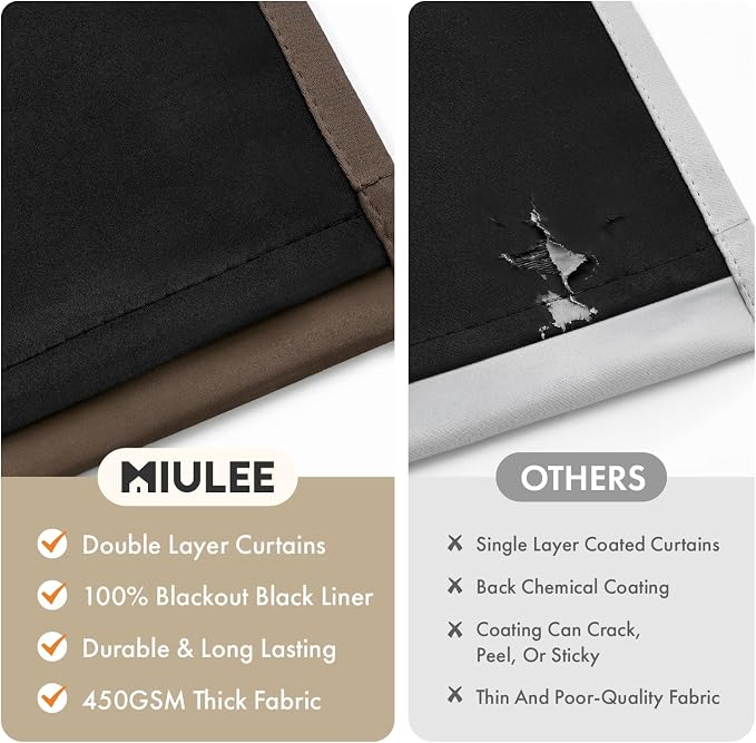 MIULEE Chocolate Brown 100% Blackout Curtains for Bedroom 90 Inch Long | 2 Thick Layers Thermal Insulated Window Curtains with Black Liner, Noise Reducing Grommet, Drapes for Living Room, 2 Panels