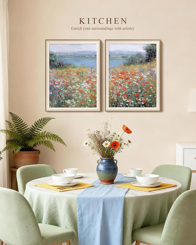VIYYIEA Framed Coastal Wildflower Large Wall Art Set of 2, Impressionist Poppies Landscape Canvas Painting, Vintage Nature Scenic Wall Decor for Living Room Bedroom Office, 16x20 Inch