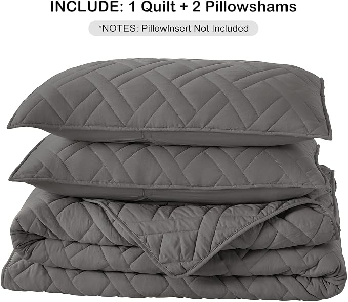 HORIMOTE HOME Quilt Set Queen Size Grey, Classic Geometric Diamond Stitched Pattern, Microfiber Ultra Soft Lightweight Bedspread Coverlet for All Season, 3 Piece Includes 1 Quilt and 2 Shams
