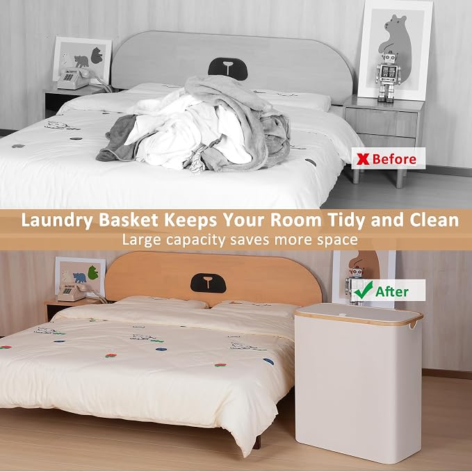 IEGrow Laundry Hamper with Lid,150L Laundry Basket with 2 Mesh Bags,Beige | Dirty Clothes Hamper Basket with Bamboo Handle for Clothes Towels