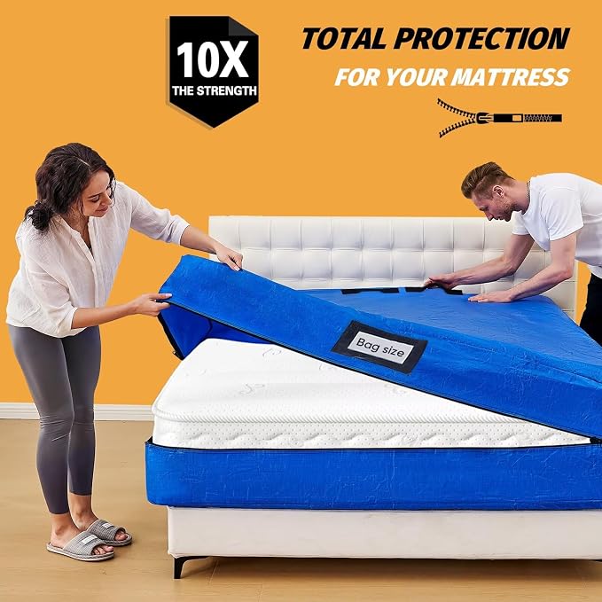 Mattress Bags for Moving, BETU Mattress Protector Waterproof Mattress Cover Full Size Storage Bags with 8 Heavy-Duty Handles and Zipper for Bed Extra Thick Large Reusable (77"x57"x15" Blue)