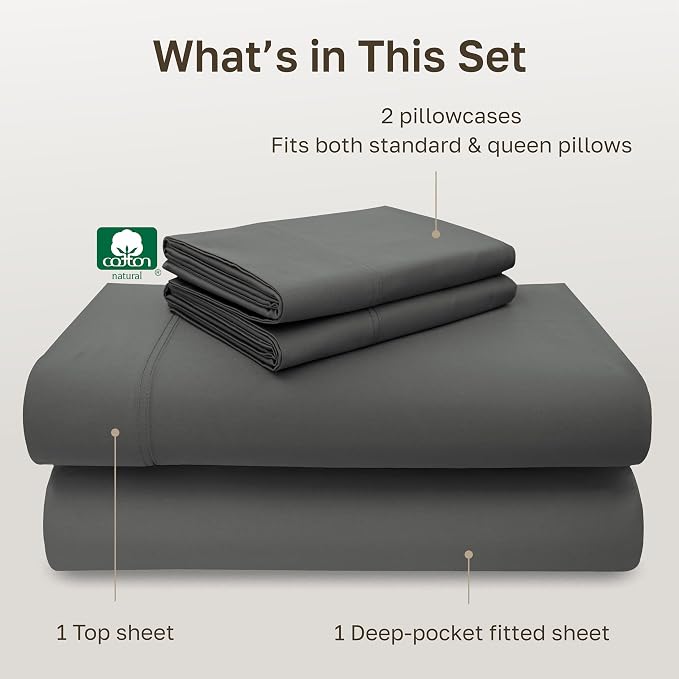 California Design Den Luxury 600 Thread Count Cotton Bed Sheets Queen Set | 100% Cotton Sateen Backed by Good Housekeeping Seal, Soft & Smooth, 16" Deep Pocket, All-Around Elastic, Durable - Dark Grey