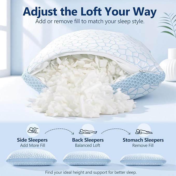 QUTOOL Enhanced Cooling Pillows for Sleeping, CertiPUR-US Shredded Memory Foam Pillows Queen Size Set of 1 for Hot Sleeper, Adjustable Bed Pillow for Side, Back, Stomach Sleepers Support Yet Soft Blue