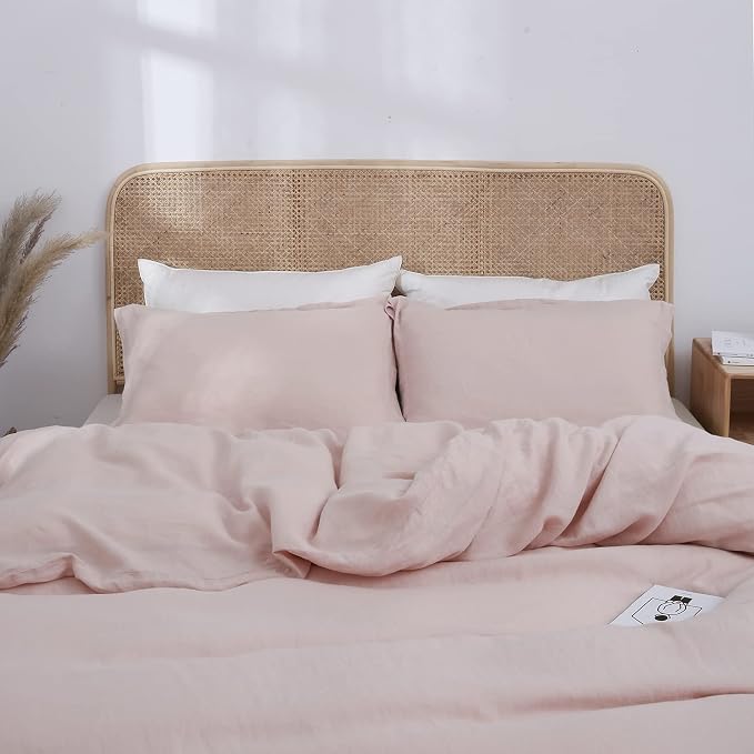 Simple&Opulence 100% Linen Duvet Cover Set 3pcs Basic Style Natural French Washed Flax Solid Color Soft Breathable Farmhouse Bedding with Button Closure - Blush Pink, Queen