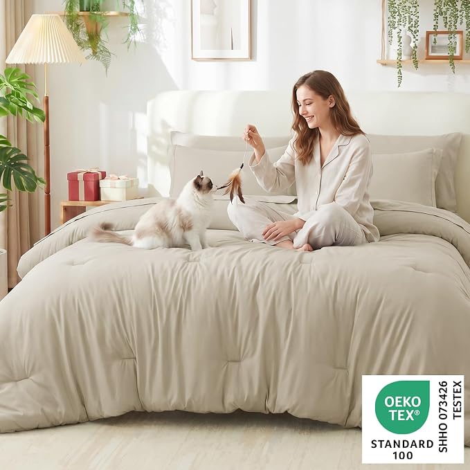 Full Size Comforter Set Oatmeal, 7 Pieces Bed in a Bag | OEKO-TEX Certified, All-Season, Bedroom, 240GSM Down Alternative Comforter, Flat & Fitted Sheets, 2 Pillowcases & 2 Shams